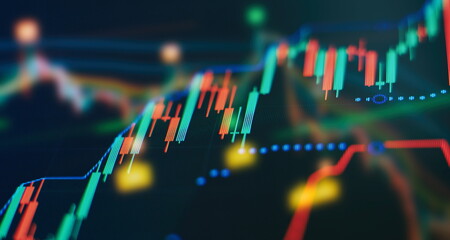 price graph and indicator, red and green candlestick chart on blue theme screen, market volatility,...