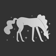 Unicorn. Elegant silver silhouette on a dark background surrounded by stars. A fabulous animal from a magical land. Vector illustration.
