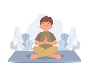 boy meditating in lotus pose.meditation for children.Flat vector cartoon character illustration.