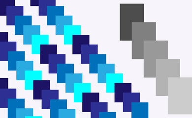 An abstract image. Diagonal blue gradient boxes and bigger Diagonal gray gradient boxes with background white.