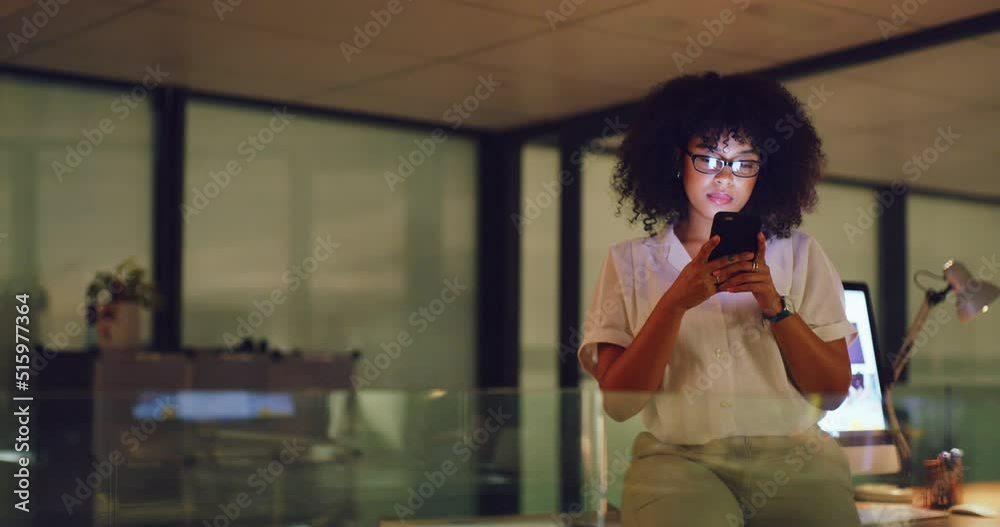 Sticker Young business woman typing a text online on a phone while working late in an office. One corporate female professional browsing social media on the internet while doing overtime at work alone