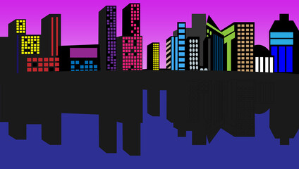 Obraz premium Abstract Image. City view with colorful buildings with purple cloudy sky background, and rflectan buildings.