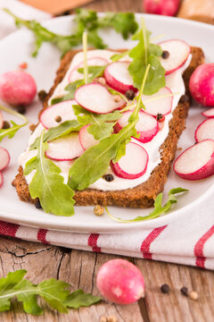 Rye bread with cottage cheese, radish and arugula.