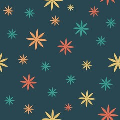 Colorful flower seamless pattern on Very dark desaturated blue Background.