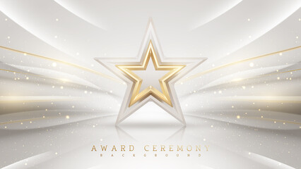 Award ceremony background with 3d gold star element and glitter light effect decoration. - obrazy, fototapety, plakaty