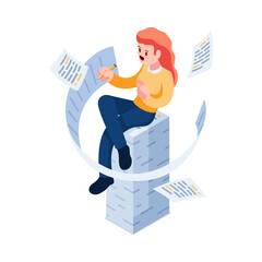 Isometric Woman Writing and Sitting on Document Stack