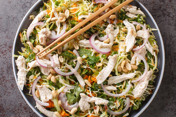 Asian chicken salad with cabbage, onions, carrots, herbs and peanuts close-up in a plate on the table. horizontal top view from above - obrazy, fototapety, plakaty
