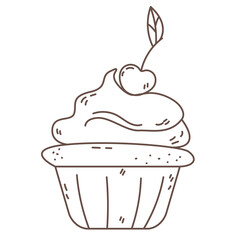 Cherry cupcake in doodle. Sweet pastry sketch