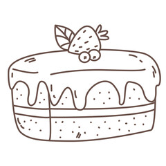 Piece of cake with strawberry in doodle. Sweet bakery and pastry sketch