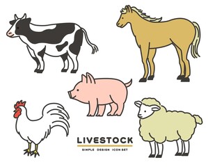 シンプルでかわいい牛や豚などの畜産関係の動物のアイコンベクターイラスト素材／畜産／食材 - obrazy, fototapety, plakaty