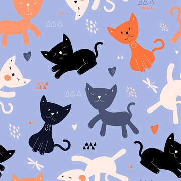 Seamless pattern with cute funny kittens. Children's print with animals. The cat is sleeping, meowing. Vector graphics.