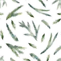 Watercolor hand drawn simple seamless pattern with illustration of green Christmas tree, spruce, fir branches. New Year fir-needle natural elements isolated on white background. Winter wallpaper