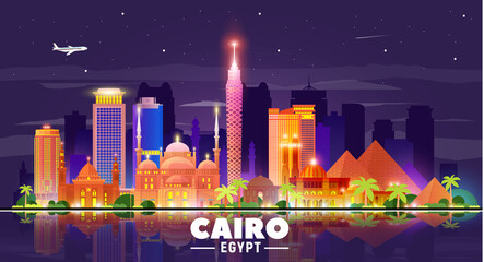 Cairo (Egypt) night skyline at sky background. Flat vector illustration. Business travel and tourism concept with modern buildings. Image for banner or web site. - obrazy, fototapety, plakaty