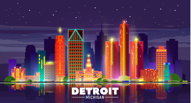 Detroit, Michigan (USA) night city skyline vector illustration on sky background. Business travel and tourism concept with old and modern buildings. Image for presentation, banner, web site.