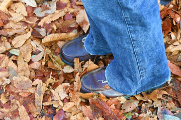 ジーンズと革靴の足で落ち葉を踏む