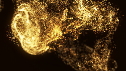 水中の金のパーティクル、キラキラ背景。3DCG。