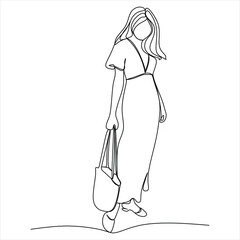 Continuous line drawing. Beautiful girl with a bag in hands. Vector illustration
