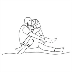 One continuous, single line  drawing of a woman and a man. Hugs of a young couple, lovers, woman and man. Doodles. Romantic.