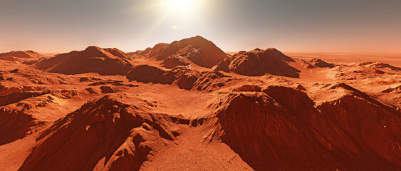 Mars planet landscape, 3d render of imaginary mars planet terrain, orange eroded desert with mountains and glaring sun, realistic science fiction mars illustration.