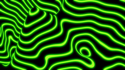 Abstract neon glowing background, 3D green lines  on black - virtual reality concept, interesting striped modern technology and science design, 3D render illustration. - obrazy, fototapety, plakaty