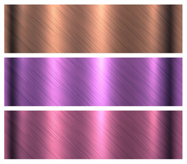 Brushed metal textures set, purple shiny metallic pattern, industrial and technology backgrounds, vector illustration.