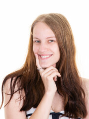 smiling young woman with finger on cheek face with long hair happy on white background