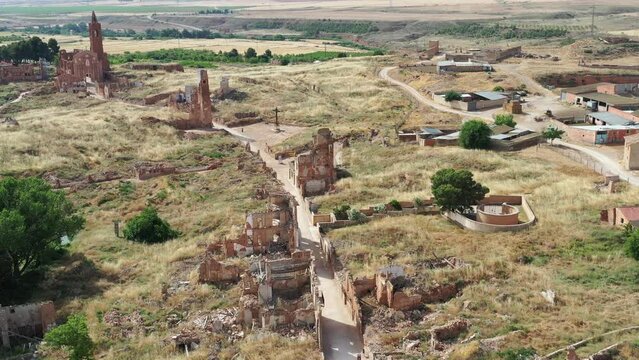 a view of the remains of the old town of Belchite, Zaragoza Spain, destroyed during the Spanish Civil War and abandoned from then, highlighting the San Martin de Tours church, Front view