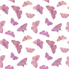 A set of delicate purple butterflies collected in a seamless pattern isolated on a white background.