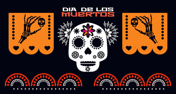 Dia de Los Muertos, Day of the Dead or Halloween greeting card, banner, invitation. Sugar tatoo skulls, candle, marigold flowers, Catrina Calavera traditional mexico skeleton decoration Vector