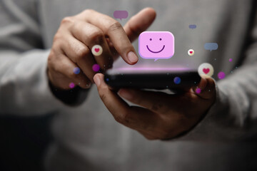 Customer Experiences Concept. Happy Client Using Smartphone to Reading Review Rating for Online Satisfaction Surveys. Positive Feedback on Mobile Phone