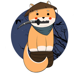 Shiba inu dog in samurai clothes and riding on the background of the moon