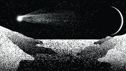 Star and planet in space. Futuristic landscape, with noise texture . Night landscape with starry sky .Vector illustration © miloje