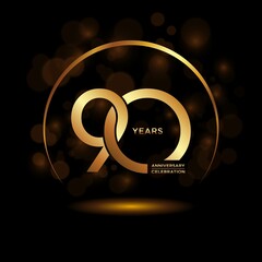 90 years Anniversary celebrations logo with golden ring. Gold color is elegant and luxurious. Logo vector template.