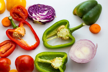 Naklejka premium Colorful various healthy ripe vegetable flatlay on white background