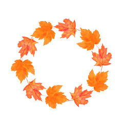 wreath of watercolor autumn maple leaf, watercolor isolated illustration, white background, hand drawn. Perfect for card design, invitation, scrapbooking, fabric printing