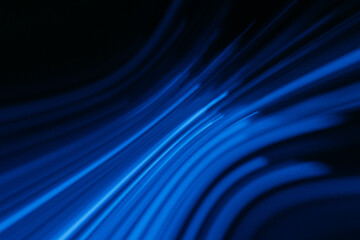 Defocused glowing lines. Neon light flare. Cyber illumination. Blur luminous navy blue color curve...