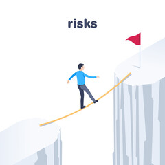 isometric vector illustration on a white background, a man in business clothes goes through the abyss along a thin straw, risks and the path to success