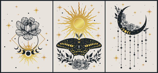 Set of esoteric alchemy mystical magic posters. Crescent, sun, stars, floral elements, moth. Spiritual talisman, occultism objects. Vector illustration, golden colors