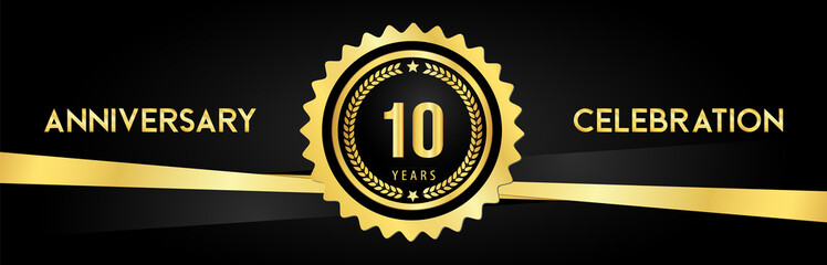 10 years anniversary celebration with gold badges and laurel wreaths isolated on luxury background. Premium design for banner, poster, happy birthday, graduation, invitation card.