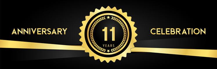 11 years anniversary celebration with gold badges and laurel wreaths isolated on luxury background. Premium design for banner, poster, happy birthday, graduation, invitation card.
