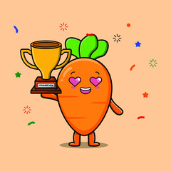Cute Cartoon character illustration of carrot is holding up the golden trophy with happy gesture