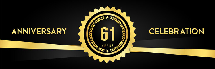 61 years anniversary celebration with gold badges and laurel wreaths isolated on luxury background. Premium design for banner, poster, happy birthday, graduation, invitation card.