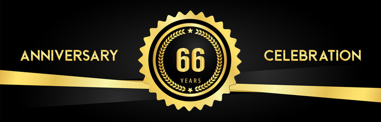 66 years anniversary celebration with gold badges and laurel wreaths isolated on luxury background. Premium design for banner, poster, happy birthday, graduation, invitation card.