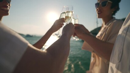 Caucasian man and woman enjoy luxury outdoor lifestyle celebrating holiday party and toasting champagne glass together while catamaran yacht boat sailing in the sea at summer sunset on travel vacation - Powered by Adobe