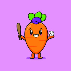 Cute cartoon carrot character playing baseball in modern style design