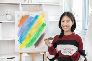 Female artist painting on canvas, Artist studio interior, Draw with watercolor, Drawing supplies ,...
