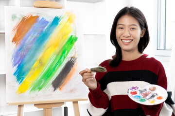 Female artist painting on canvas, Artist studio interior, Draw with watercolor, Drawing supplies ,...
