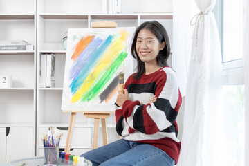 Female artist painting on canvas, Artist studio interior, Draw with watercolor, Drawing supplies ,...