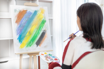 Female artist painting on canvas, Artist studio interior, Draw with watercolor, Drawing supplies ,...