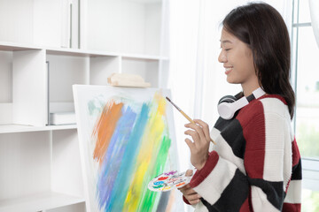 Female artist painting on canvas, Artist studio interior, Draw with watercolor, Drawing supplies ,...